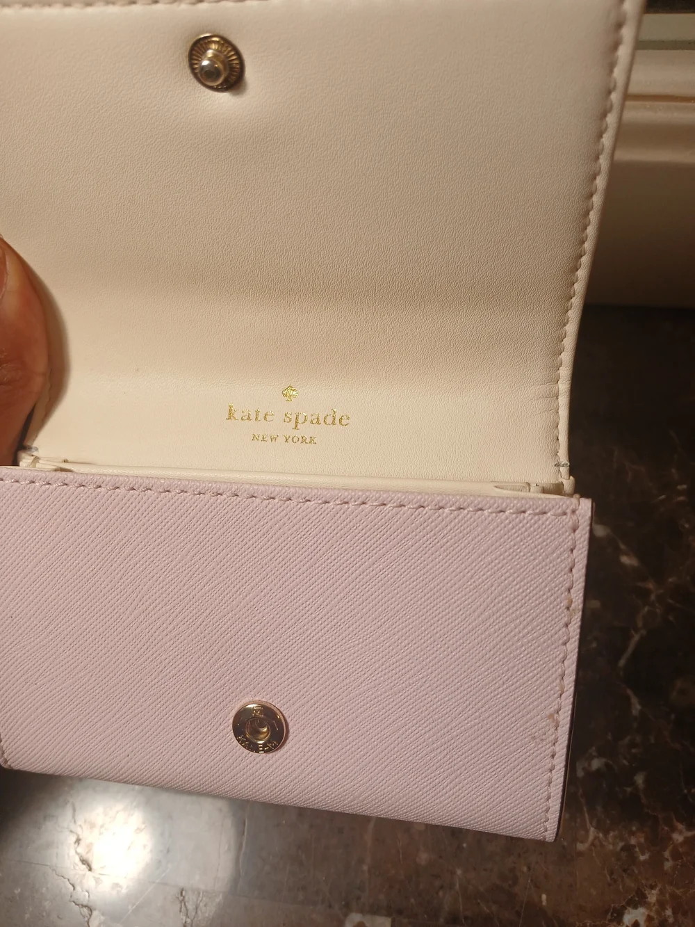 kate spade light pink Saffiano card & key holder with gold logo